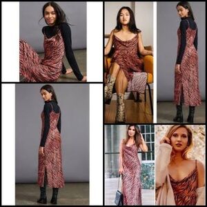 Anthropologie Elyse Zebra Brow Black Printed Bias Coquette Slip Dress Size XS